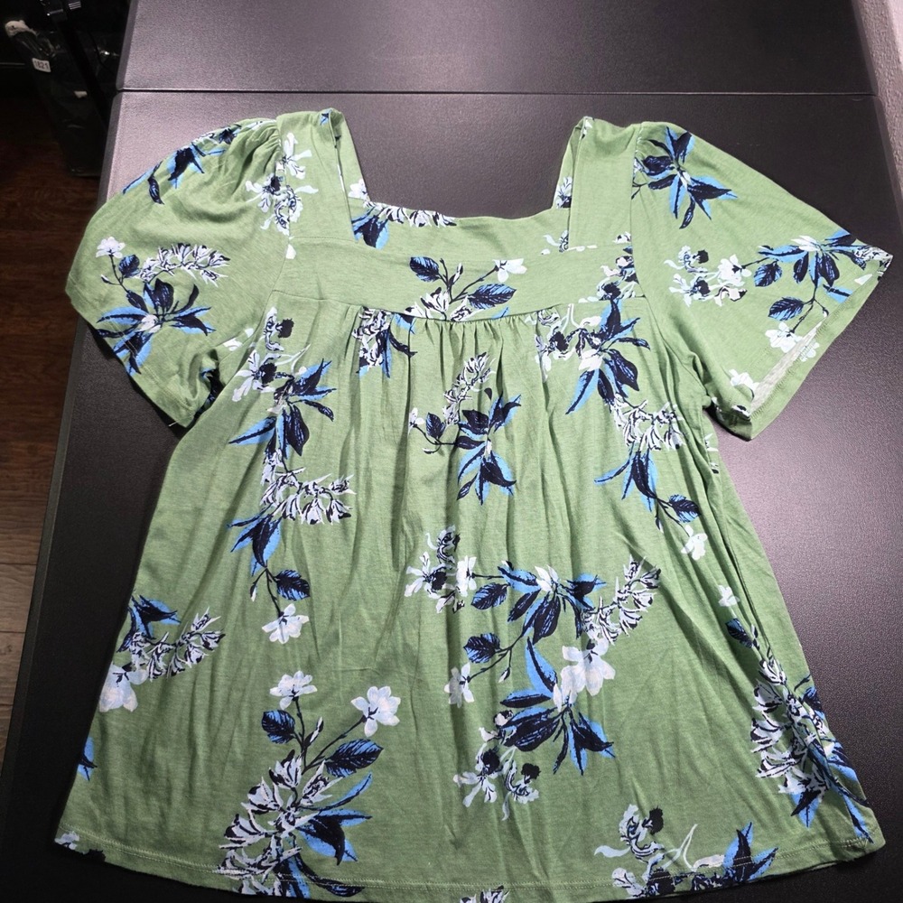 Lucky Brand Green Floral Square Neck Puff Sleeve Babydoll Top Large Cotton Modal